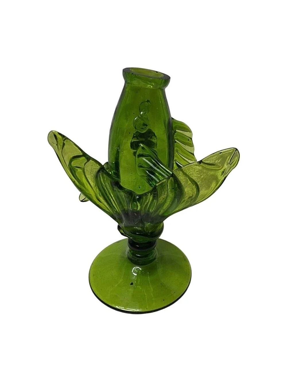 Vintage Empoli Glass Itay MCM Green Glass Fish Vase On Pedestal Hand Blown